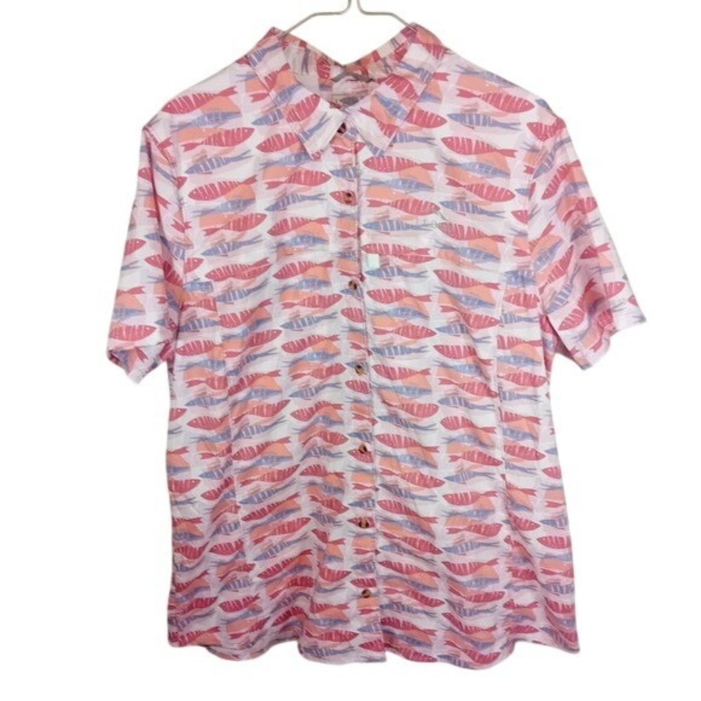 NWOT Women's LL BEAN Tropicwear Button Up Shirt Trout Fish Print UPF 50 XL Tall